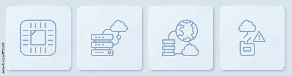 带CPU的设置线处理器、网络云连接和云技术数据传输。白色squ
