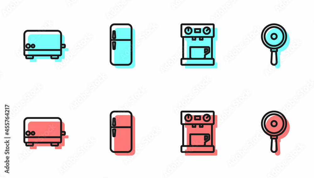 设置线咖啡机、烤面包机、冰箱和煎锅图标。矢量