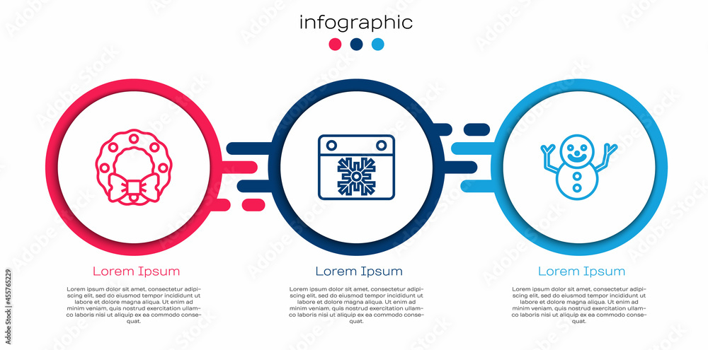 Set line Christmas wreath, Calendar and snowman. Business infographic template. Vector