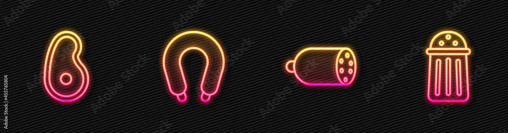 Set line Salami sausage, Steak meat, Sausage and Salt. Glowing neon icon. Vector