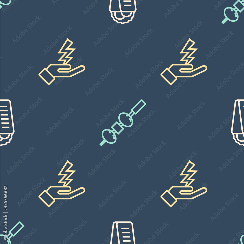 Set line Gyros Pita Greek, Zeus and Olive and cheese on chopstick on seamless pattern. Vector