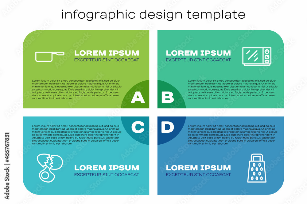 设定线鸡蛋、洋葱、磨碎机和微波炉。商业信息图模板。矢量