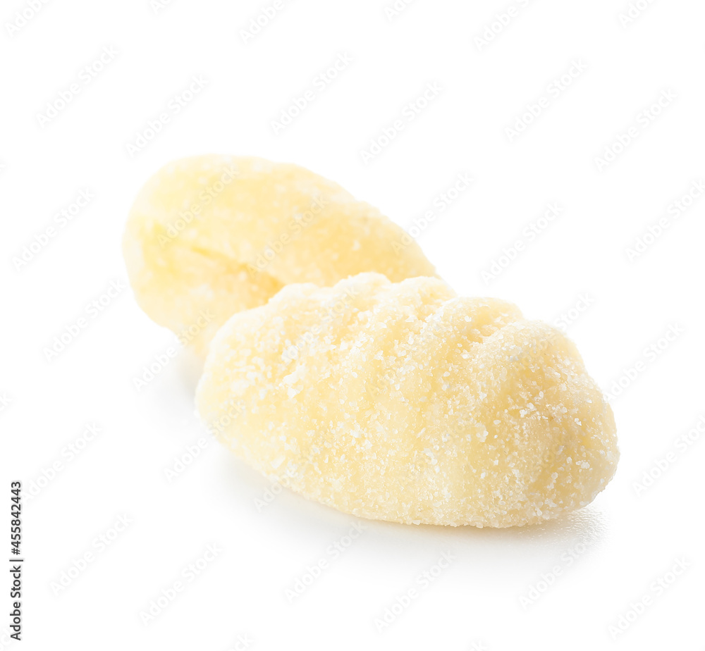 Raw gnocchi on white background