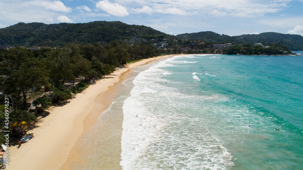 Aerial view Drone camera of Tropical beach at Kata beach Phuket Thailand Amazing beach Beautiful sea