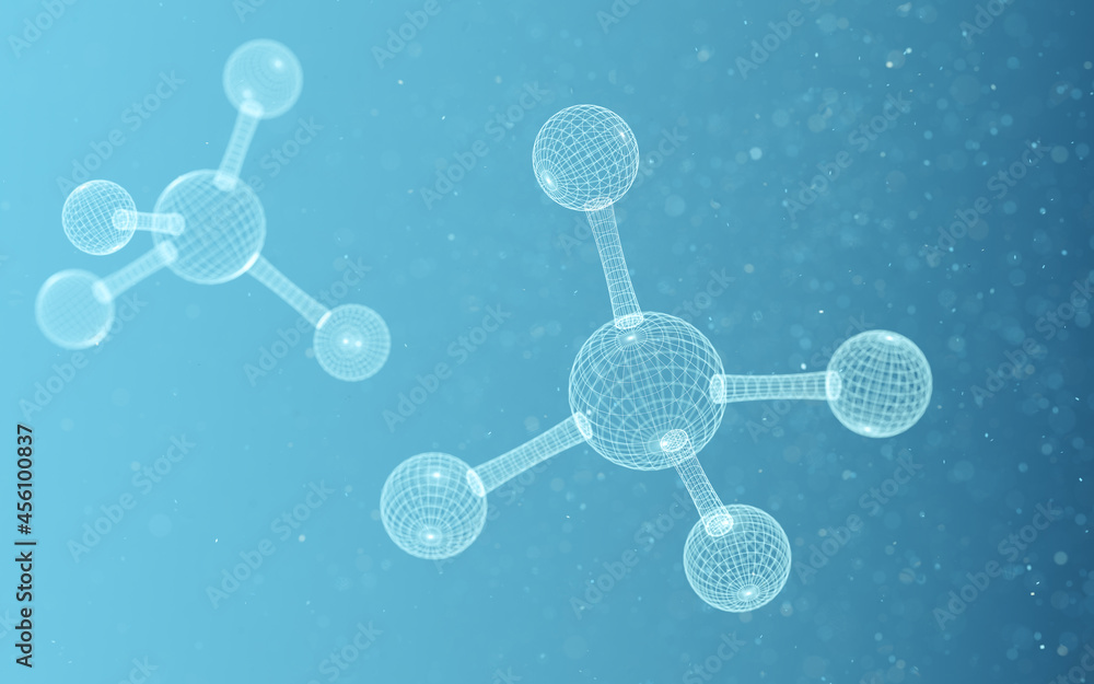 蓝色背景的化学分子，三维渲染。