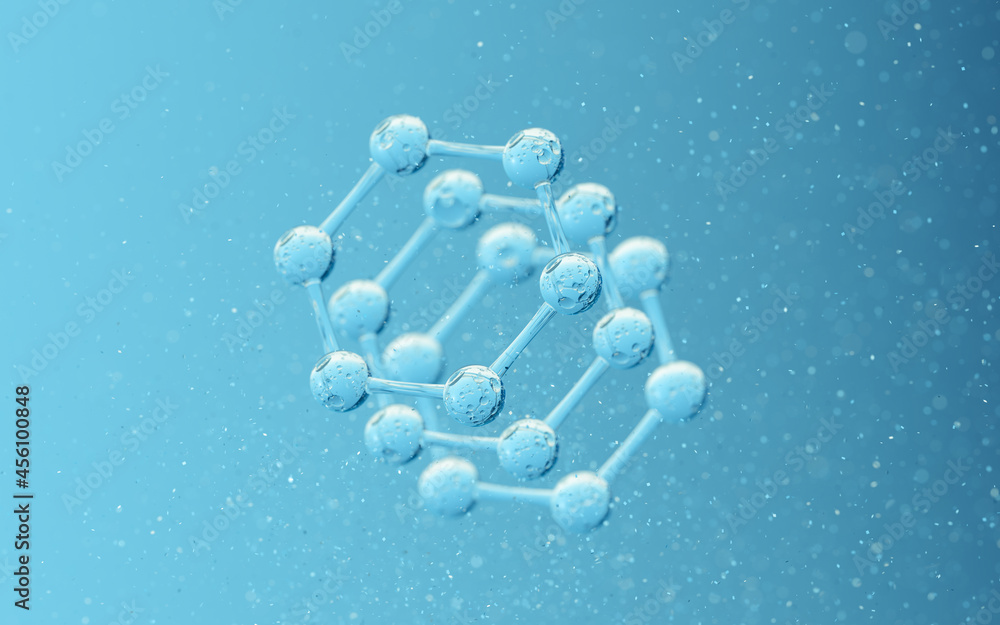 蓝色背景的化学分子，三维渲染。