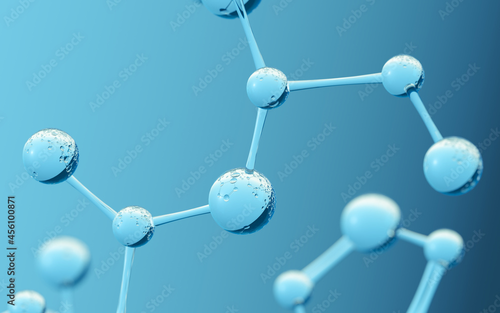 蓝色背景的化学分子，三维渲染。