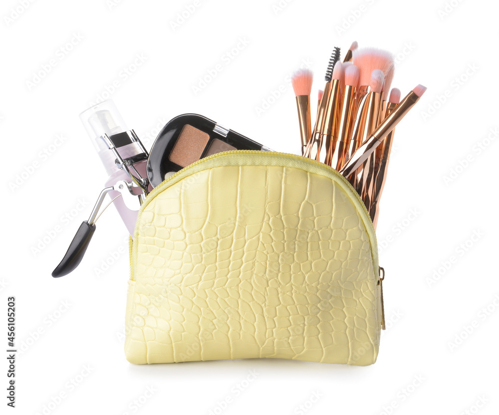 Stylish bag and decorative cosmetics on white background