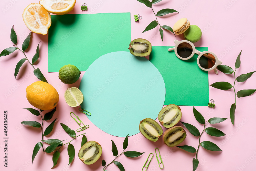 Composition with blank cards, sunglasses and fruits on color background