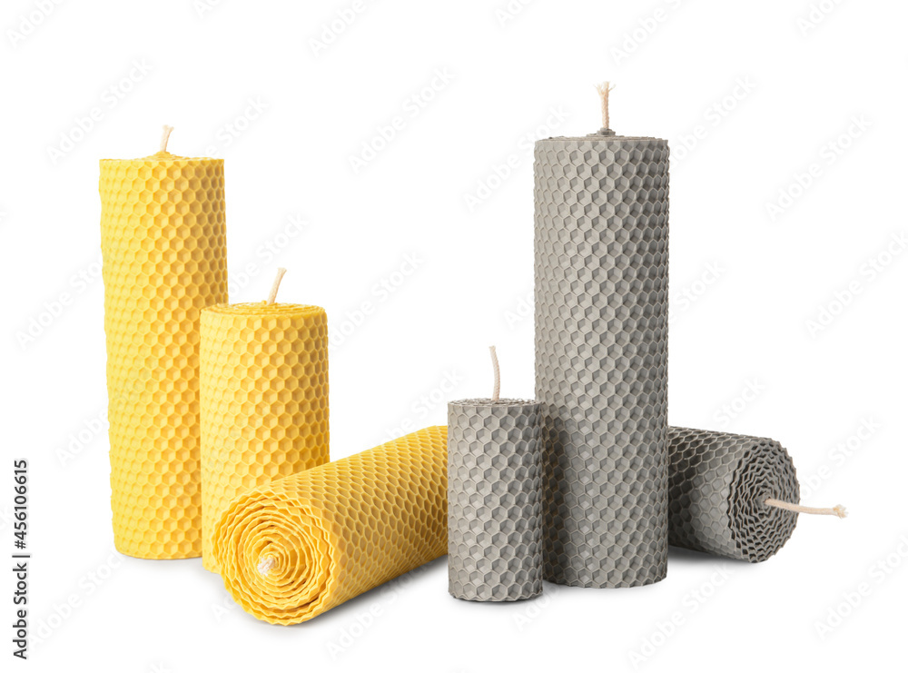 Wax candles on white background