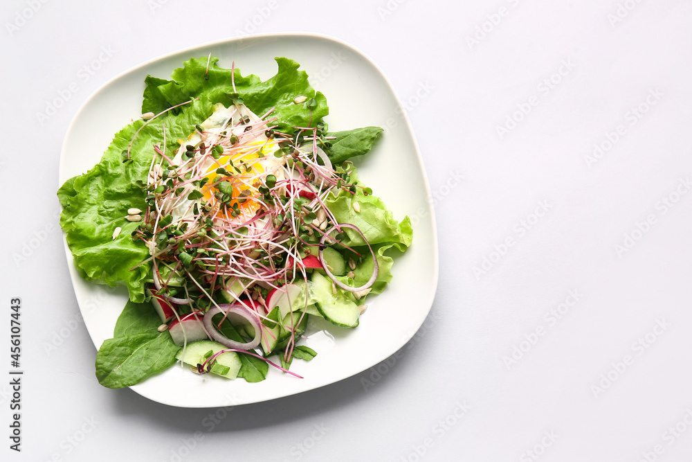 一盘美味的沙拉，配蔬菜、煎蛋和淡绿色背景