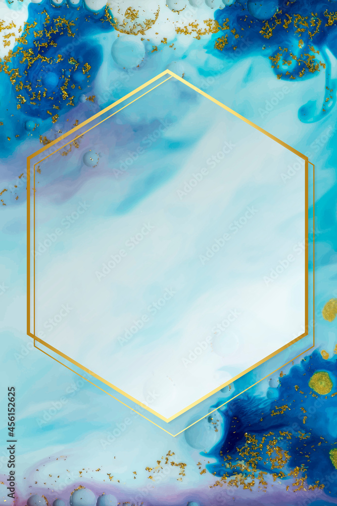 Hexagon gold frame on abstract blue watercolor vector