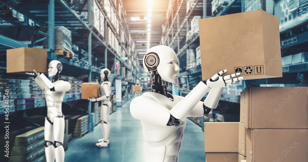 Innovative industry robot working in warehouse for human labor replacement . Concept of artificial i