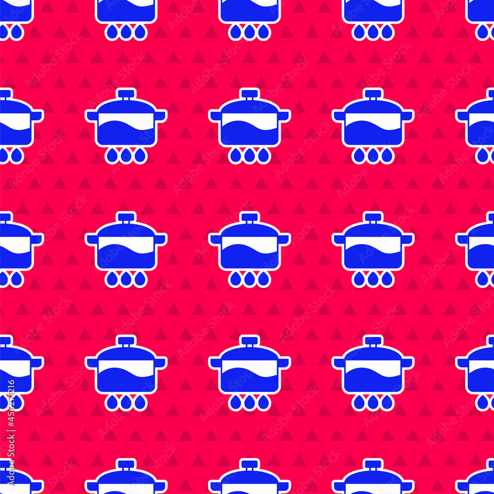 Blue Cooking pot icon isolated seamless pattern on red background. Boil or stew food symbol. Vector