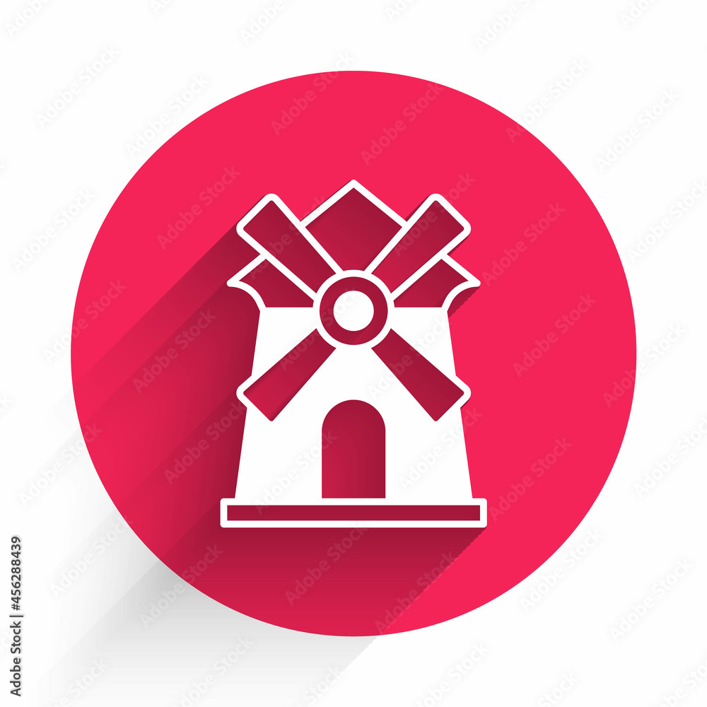 White Windmill icon isolated with long shadow background. Red circle button. Vector