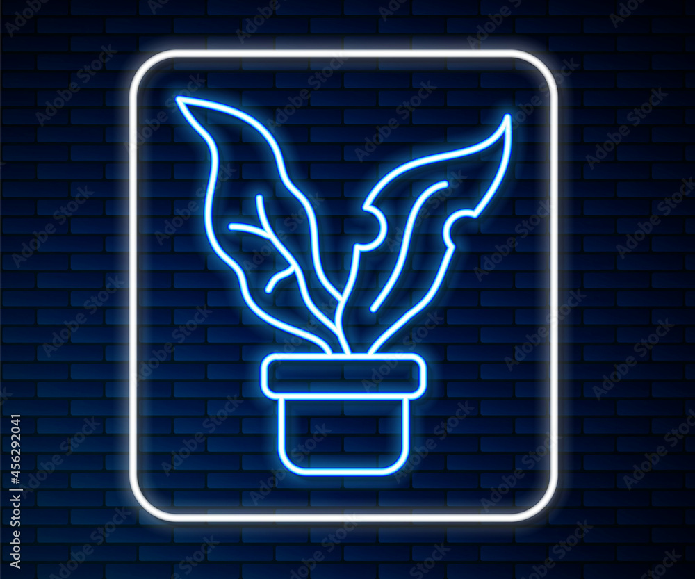 Glowing neon line Plant in pot icon isolated on brick wall background. Plant growing in a pot. Potte