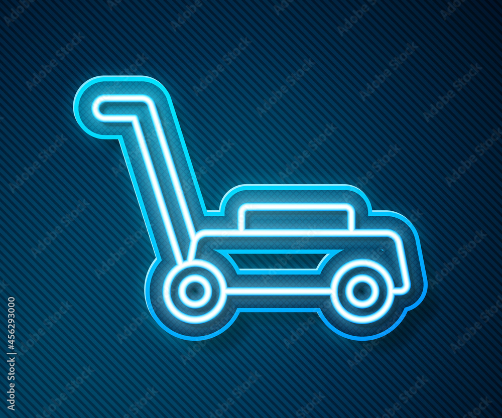 Glowing neon line Lawn mower icon isolated on blue background. Lawn mower cutting grass. Vector