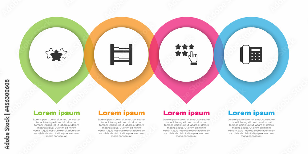 星级评定、酒店客房床和电话听筒。商业信息图模板。Vector