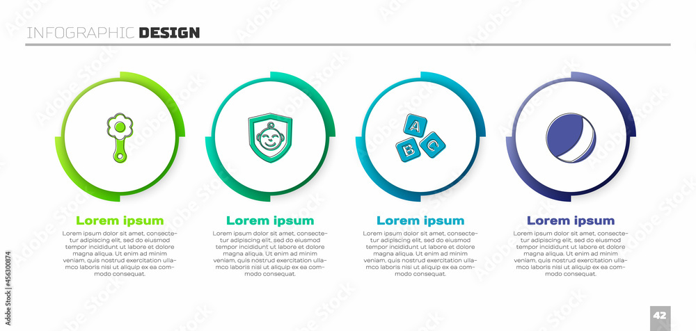 设置Rattle婴儿玩具、盾牌上的婴儿、ABC积木和沙滩球。商业信息图模板。Vecto