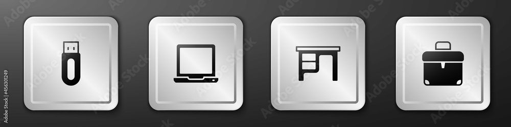 设置U盘、笔记本电脑、办公桌和公文包图标。银色方形按钮。矢量