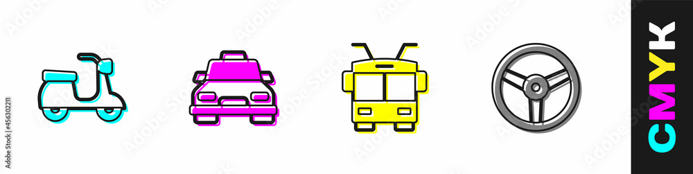 设置滑板车、出租车、有轨电车和方向盘图标。矢量