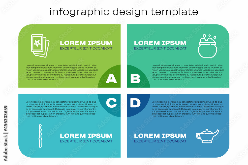 设定线魔杖，三张塔罗牌，灯或阿拉丁和女巫大锅。商业信息图tem