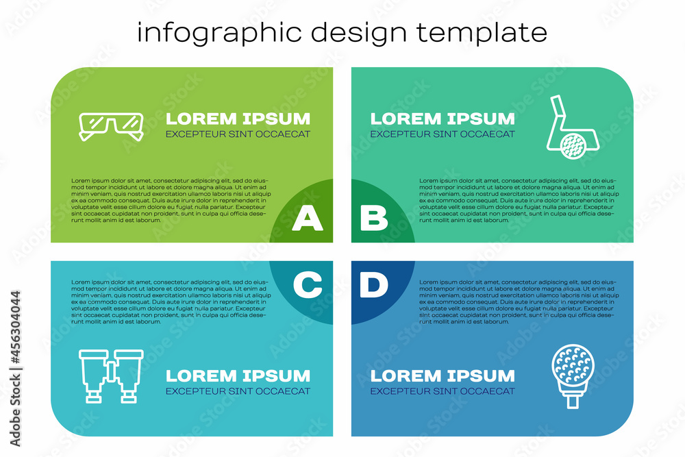 使用.Business infographic template.Vvector在发球台和球杆上设置双筒望远镜、眼镜、高尔夫球