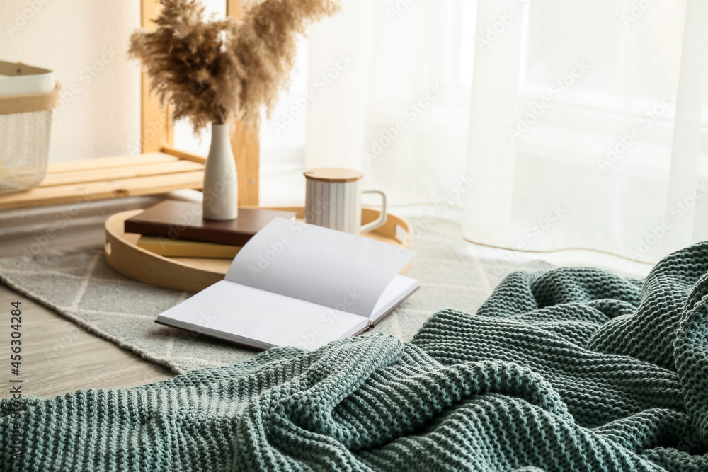 Cozy place for rest with books and knitted plaid near window