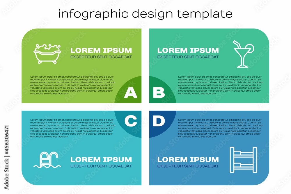 设置游泳池、浴缸、酒店客房床和鸡尾酒。商业信息图模板。矢量