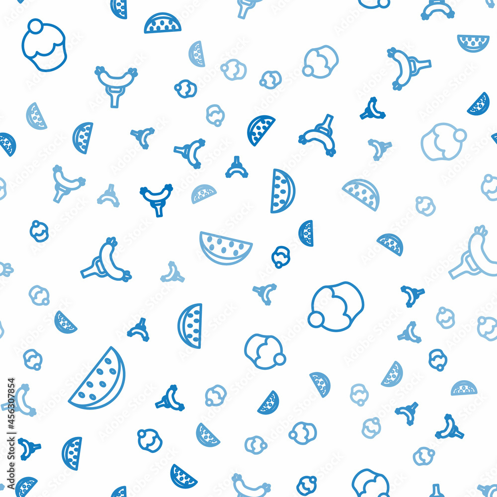 Set line Watermelon, Muffin and Sausage the fork on seamless pattern. Vector