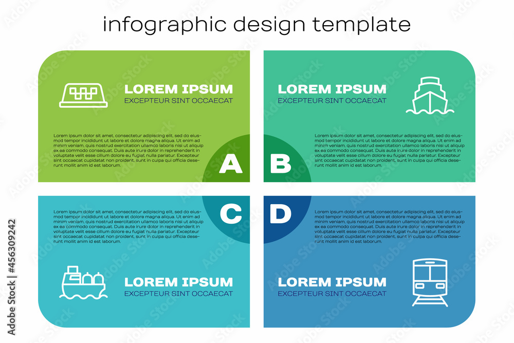 设置线路油轮、出租车车顶、火车和铁路以及游轮。商业信息图模板