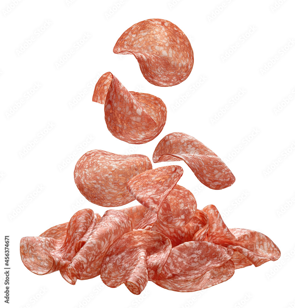 Sliced salami sausage isolated on white background