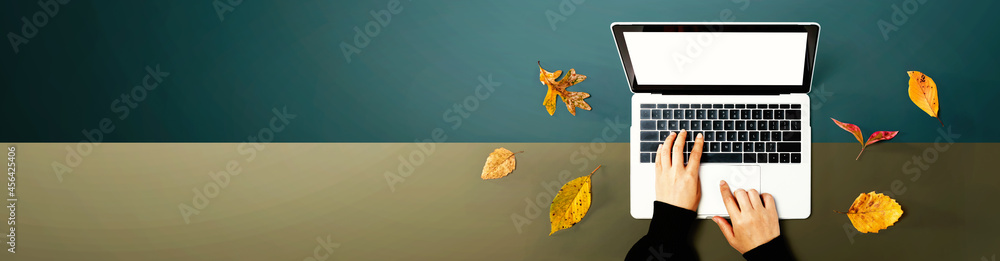 Autumn leaves with person using a laptop computer from above