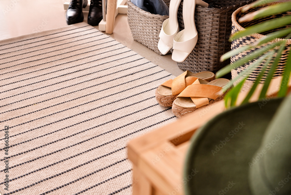 Stylish rug on floor in interior of modern hallway