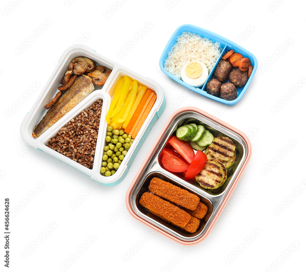 Containers with different healthy food on white background