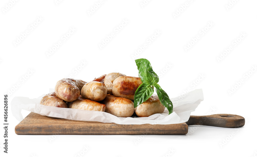 Tasty sausages on white background. Oktoberfest celebration