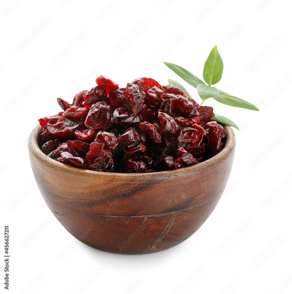 Bowl with tasty dried cranberries on white background