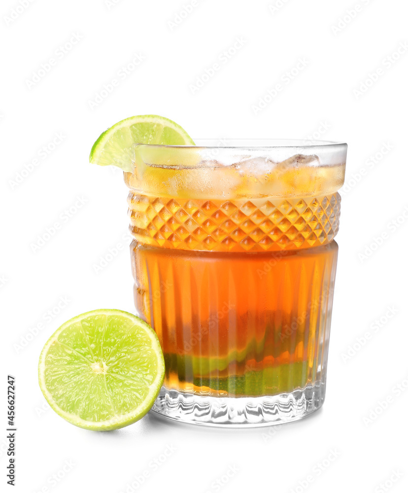 Glass of tasty Long Island iced tea on white background