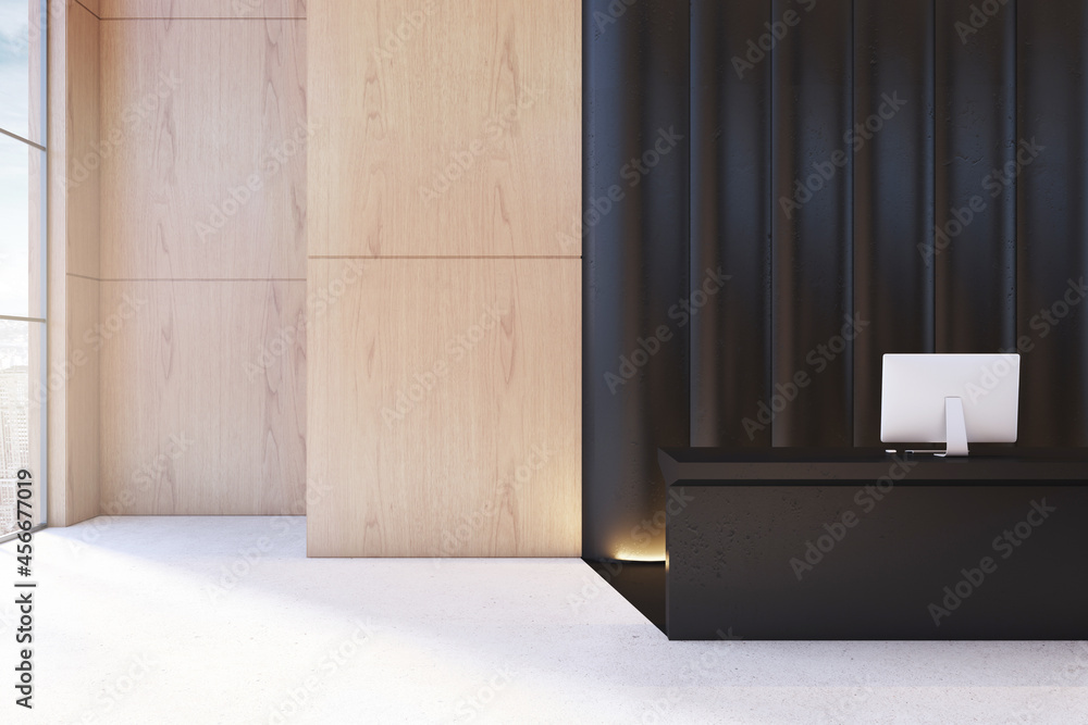 Contemporary black and wooden office lobby with reception desk. Waiting area concept. 3D Rendering.