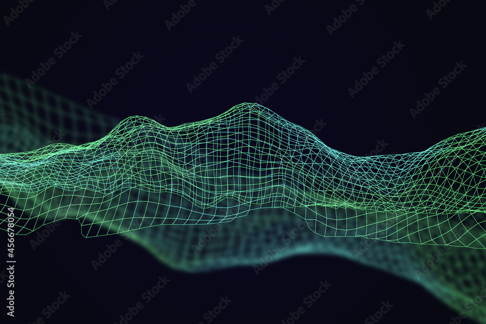 抽象的绿色网格地形背景。技术和科学概念。3D渲染。