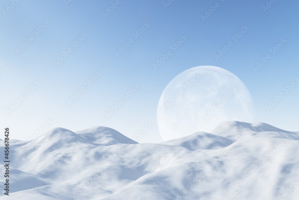 Beautiful background with white hills and moon in blue sky. Backdrop and landing page concept. 3D Re