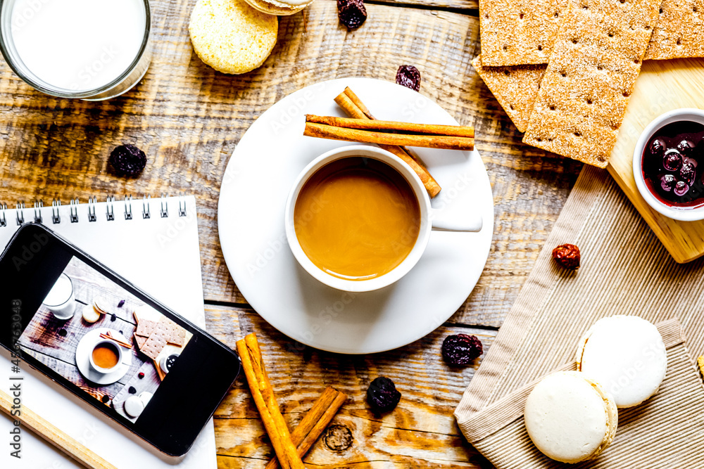 breakfast at home on wooden table with cup of coffee