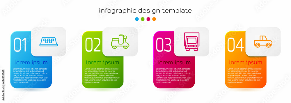 设置线路出租车车顶，滑板车，送货卡车和皮卡。商业信息图模板。Vec