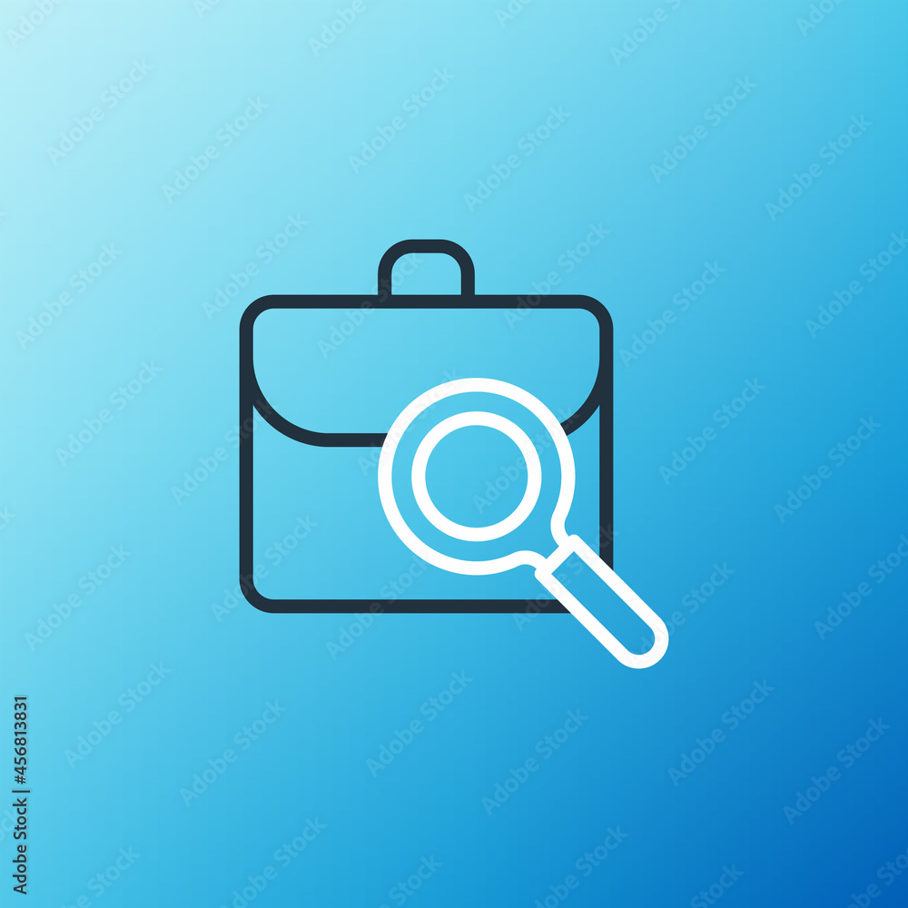 Line Magnifying glass with briefcase icon isolated on blue background. Job hunting. Work search conc