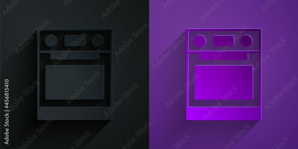 Paper cut Oven icon isolated on black on purple background. Stove gas oven sign. Paper art style. Ve