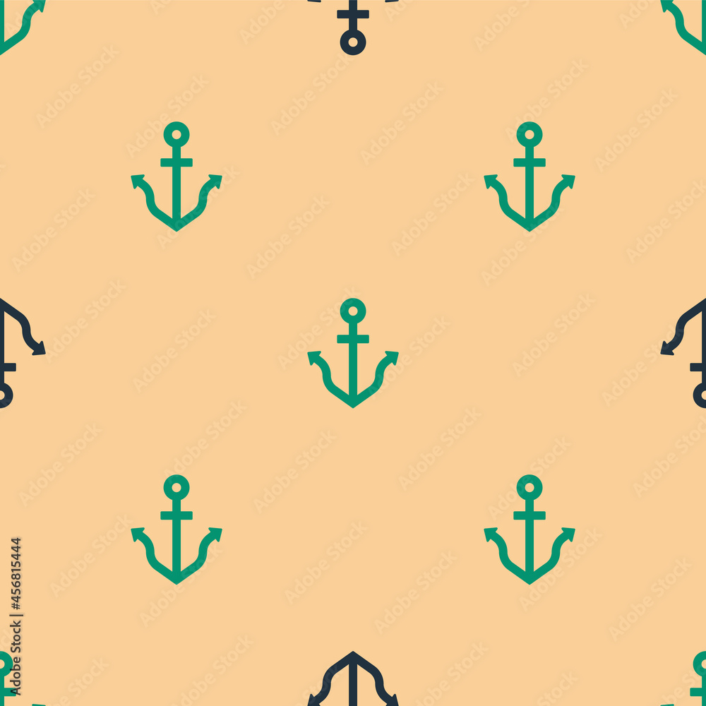 Green and black Anchor icon isolated seamless pattern on beige background. Vector