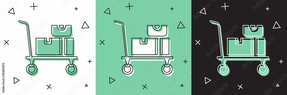 Set Hand truck and boxes icon isolated on white and green, black background. Dolly symbol. Vector