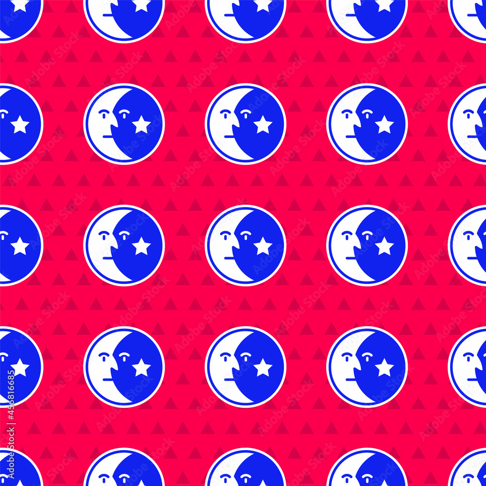 Blue Moon and stars icon isolated seamless pattern on red background. Vector