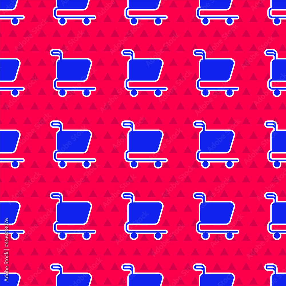 Blue Shopping cart icon isolated seamless pattern on red background. Online buying concept. Delivery