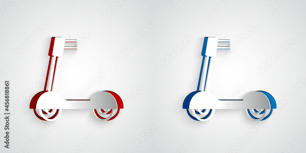 Paper cut Roller scooter for children icon isolated on grey background. Kick scooter or balance bike